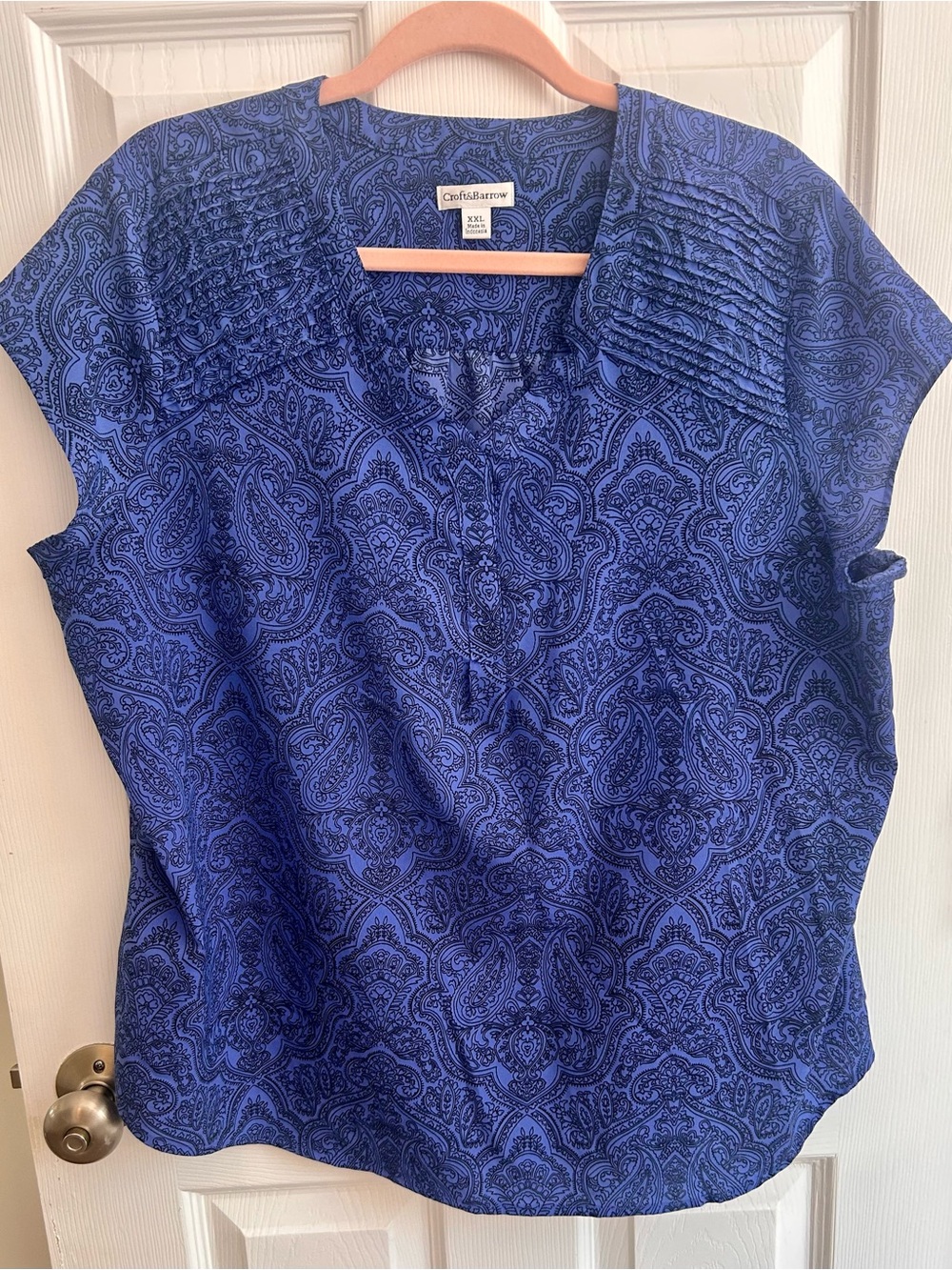 croft & barrow Blue Paisley Pintuck Short-Sleeve Blouse